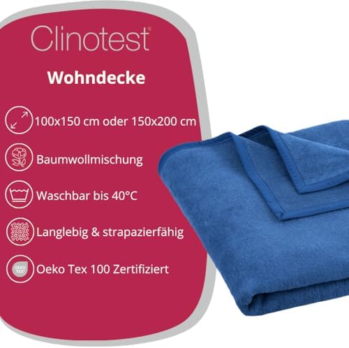 Clinotest Weiche Baumwollmischung Wohndecke Blau – Warm & Gemütlich,ideal als Sofadecke, Tagesdecke oder Überwurf, 150x2